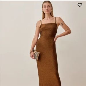 Reformation $178 Breslin Rose Gold Sparkle Midi Slip Dress Open Low Back M